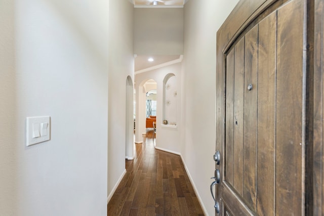 hallway with ornamental molding and dark hardwood / wood-style flooring