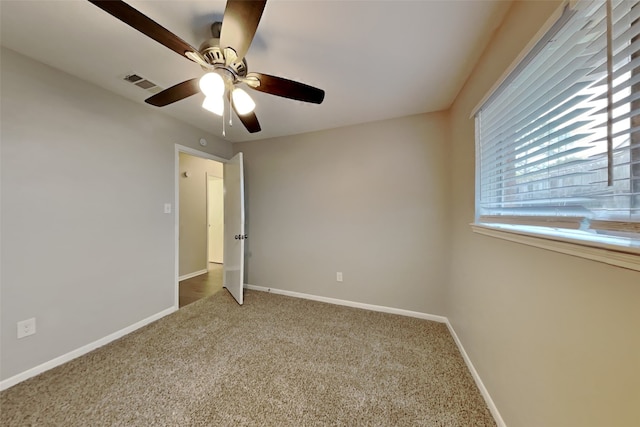 unfurnished bedroom featuring carpet flooring and ceiling fan