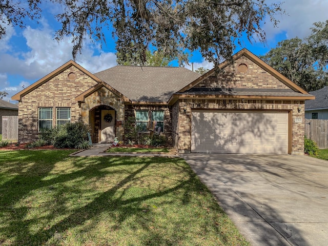 ranch-style home featuring a front yard and a garage