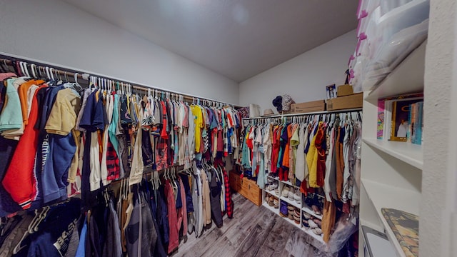 walk in closet with wood-type flooring and vaulted ceiling