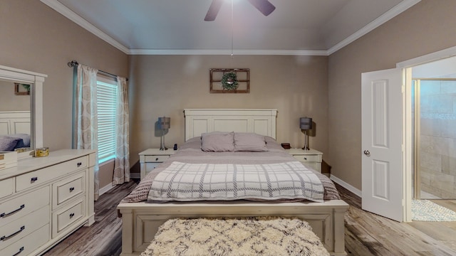 bedroom with ceiling fan, wood-type flooring, and ornamental molding