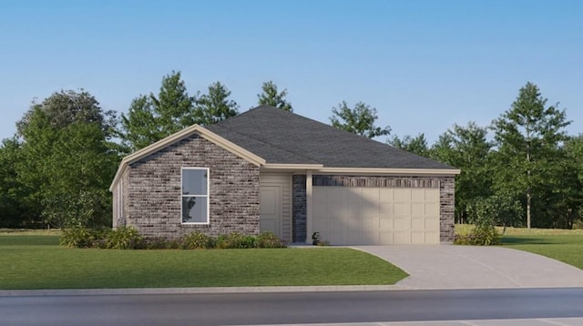 single story home featuring a garage and a front lawn