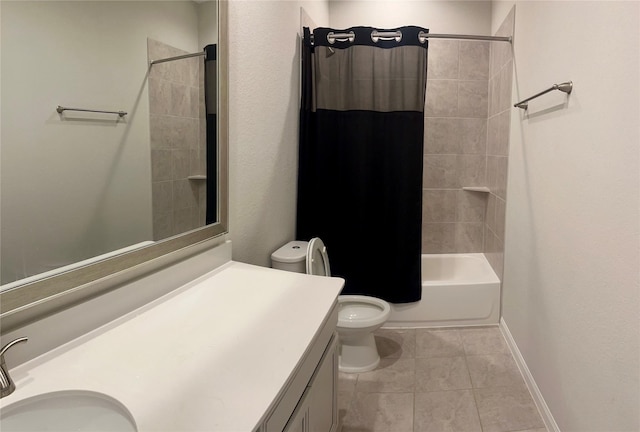 full bathroom featuring tile patterned floors, vanity, shower / bathtub combination with curtain, and toilet