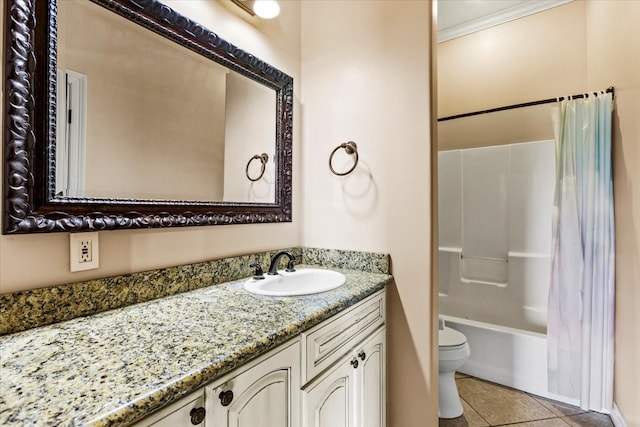 full bathroom featuring toilet, shower / bath combo, vanity, and tile patterned floors