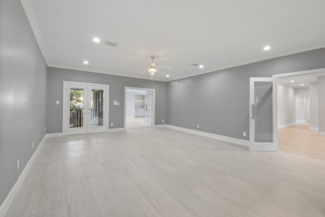 unfurnished living room with french doors, ceiling fan, and crown molding