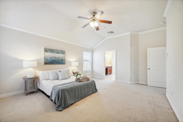 bedroom with lofted ceiling, ensuite bathroom, crown molding, ceiling fan, and light colored carpet