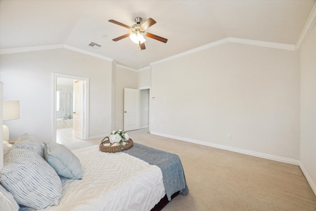 bedroom with ceiling fan, crown molding, and vaulted ceiling