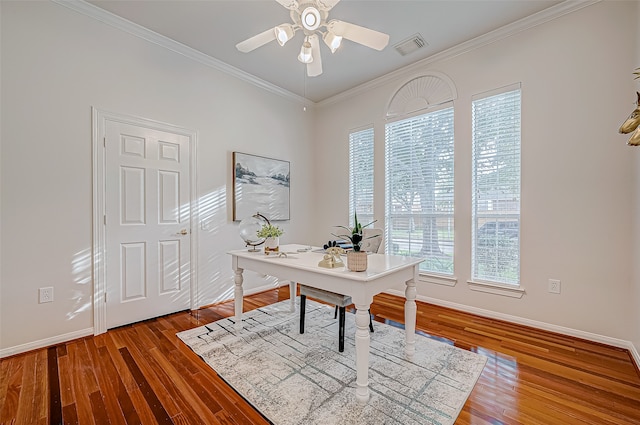 office with wood-type flooring, ceiling fan, and crown molding