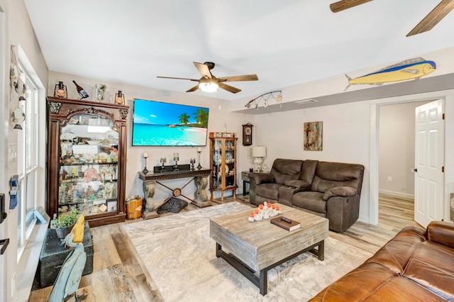 living room with ceiling fan and light wood-type flooring