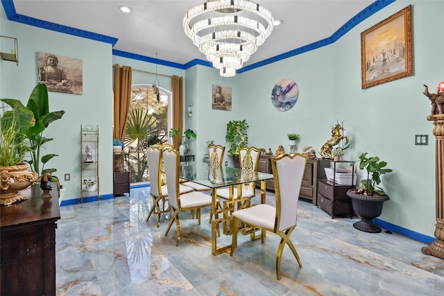 dining area with crown molding and a notable chandelier