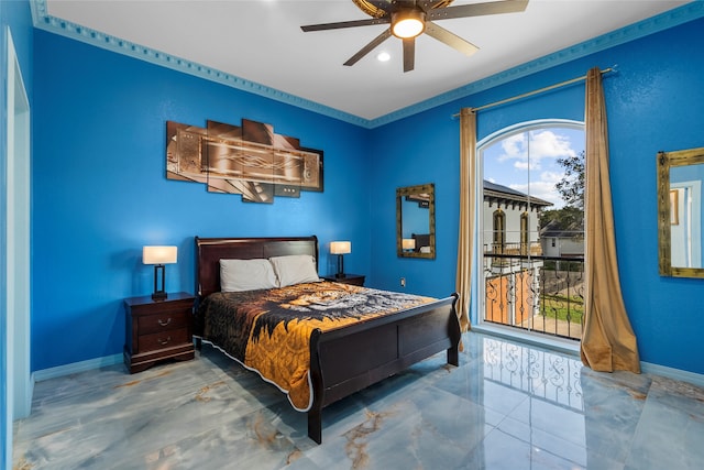 bedroom featuring ceiling fan and crown molding