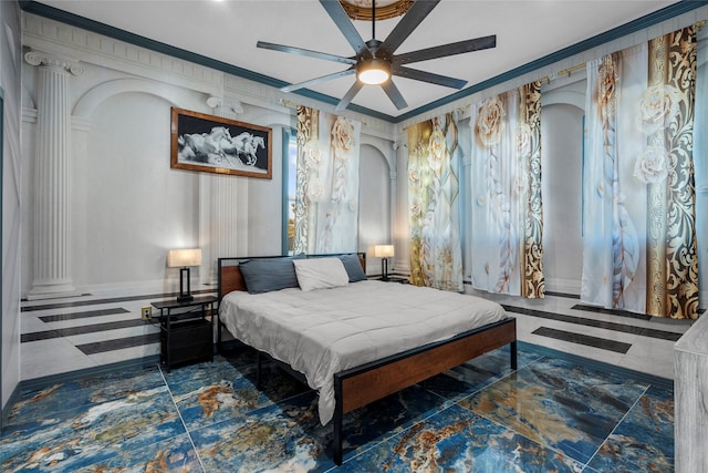 bedroom with ceiling fan and crown molding