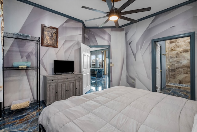 bedroom with ensuite bath, ceiling fan, and crown molding