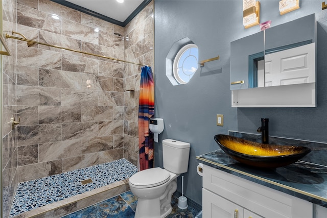 bathroom with a shower with curtain, vanity, and toilet