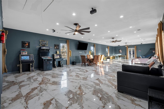 living room featuring ceiling fan