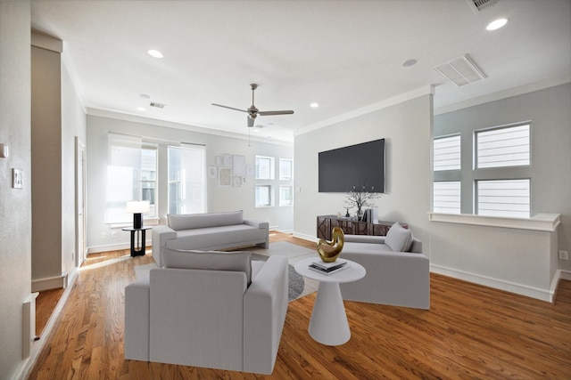 living room featuring ceiling fan, hardwood / wood-style flooring, and crown molding