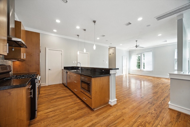 kitchen with light hardwood / wood-style floors, stainless steel appliances, ceiling fan, pendant lighting, and wall chimney range hood