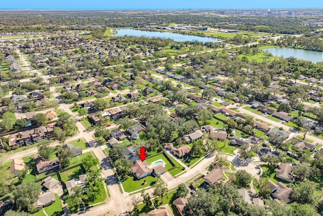 drone / aerial view featuring a water view