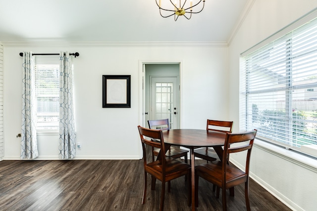 dining space with a wealth of natural light, crown molding, dark wood-type flooring, and lofted ceiling