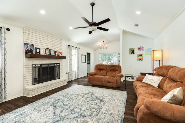 living room with vaulted ceiling, dark hardwood / wood-style floors, and ornamental molding