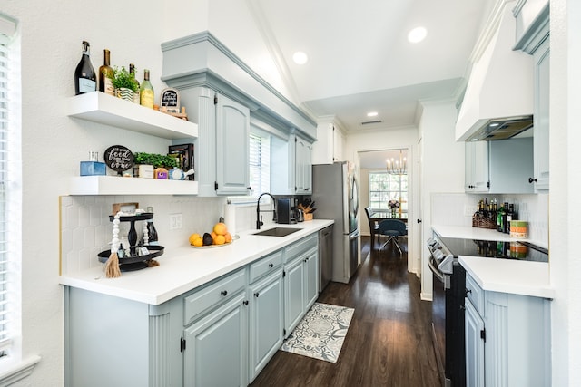 kitchen featuring custom exhaust hood, backsplash, crown molding, dark hardwood / wood-style flooring, and stainless steel appliances