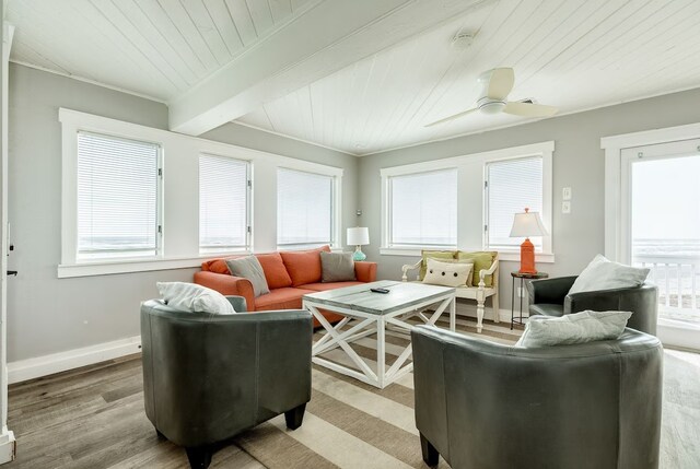 interior space with ceiling fan, beam ceiling, and wood ceiling