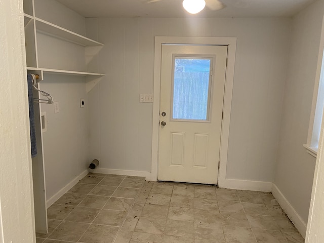 clothes washing area featuring hookup for an electric dryer and ceiling fan