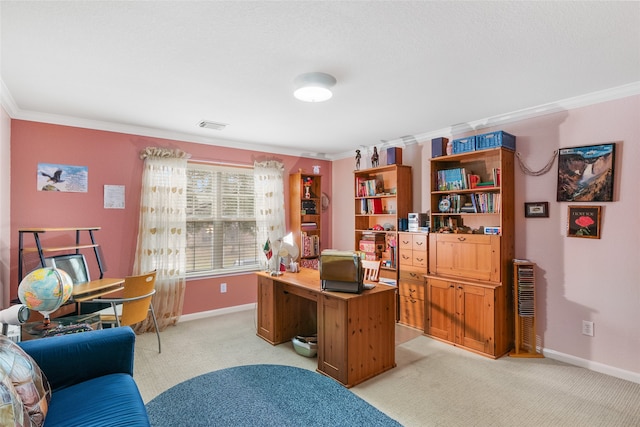 carpeted office space featuring crown molding