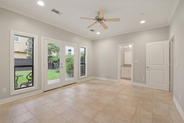 unfurnished bedroom with access to exterior, ceiling fan, french doors, ensuite bath, and crown molding