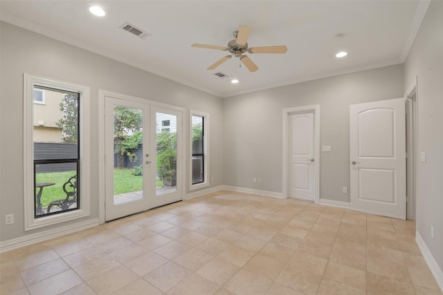 spare room with french doors, light tile patterned floors, ceiling fan, and ornamental molding