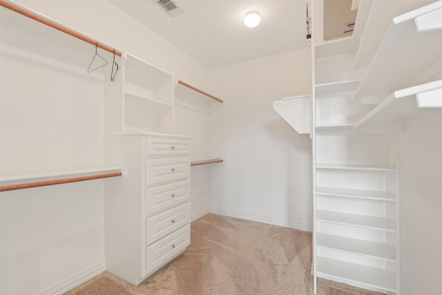 walk in closet with light carpet