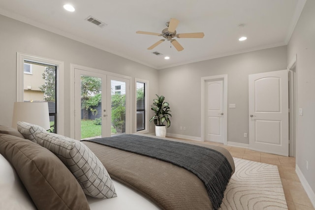 bedroom with ceiling fan, light tile patterned floors, ornamental molding, and access to outside