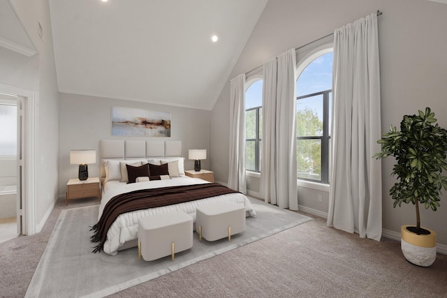 bedroom with light carpet and lofted ceiling