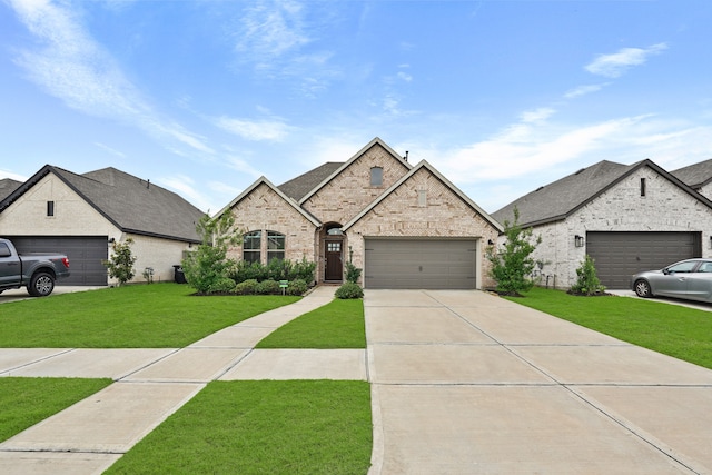 french country home with a garage and a front lawn