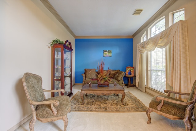 living area featuring crown molding and carpet