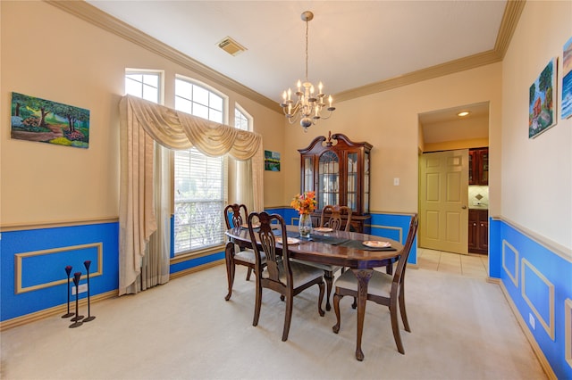 carpeted dining area with ornamental molding and a notable chandelier