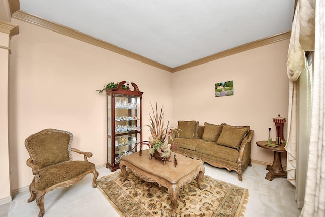 living area with carpet, ornamental molding, and baseboards