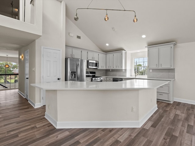 kitchen with a kitchen island, stainless steel appliances, high vaulted ceiling, and dark wood-type flooring