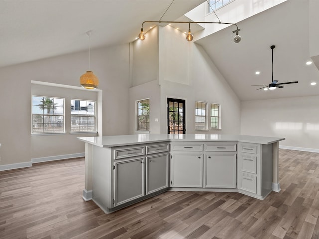 kitchen with plenty of natural light, high vaulted ceiling, and hardwood / wood-style flooring