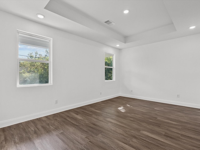 unfurnished room with a raised ceiling and dark wood-type flooring