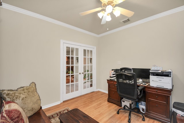 office area featuring ceiling fan, crown molding, light hardwood / wood-style flooring, and french doors