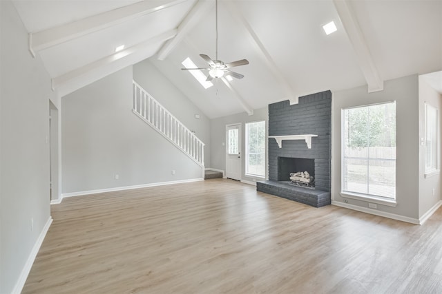 unfurnished living room featuring a fireplace, light hardwood / wood-style flooring, and a healthy amount of sunlight