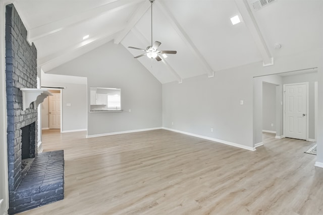 unfurnished living room with high vaulted ceiling, a brick fireplace, light hardwood / wood-style flooring, ceiling fan, and beam ceiling