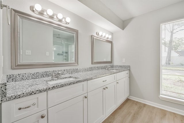 bathroom featuring hardwood / wood-style floors, vanity, a healthy amount of sunlight, and a shower with door