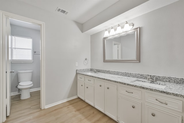 bathroom with wood-type flooring, vanity, and toilet