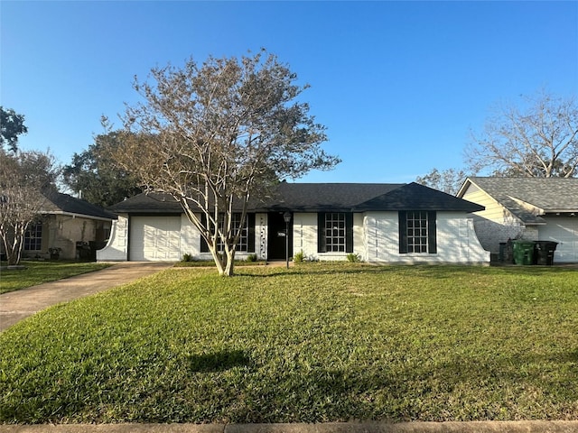 ranch-style house with a front yard and a garage