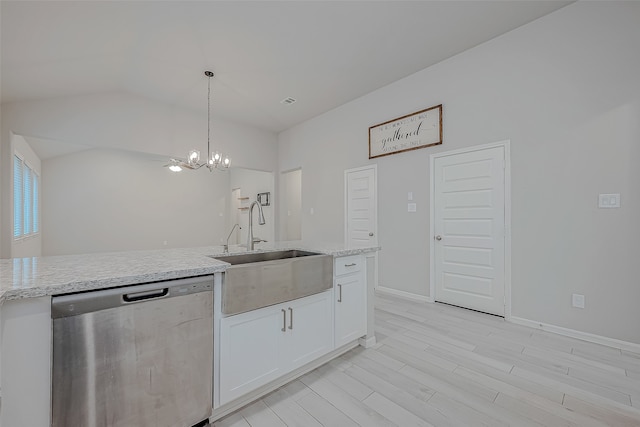 kitchen featuring white cabinetry, dishwasher, sink, hanging light fixtures, and light wood-type flooring