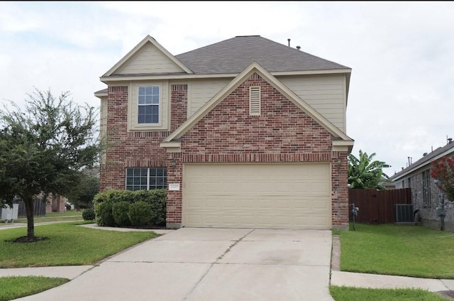 view of property featuring central AC unit, a garage, and a front yard