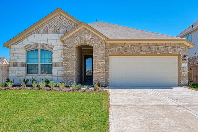 view of front of home with a front lawn and a garage