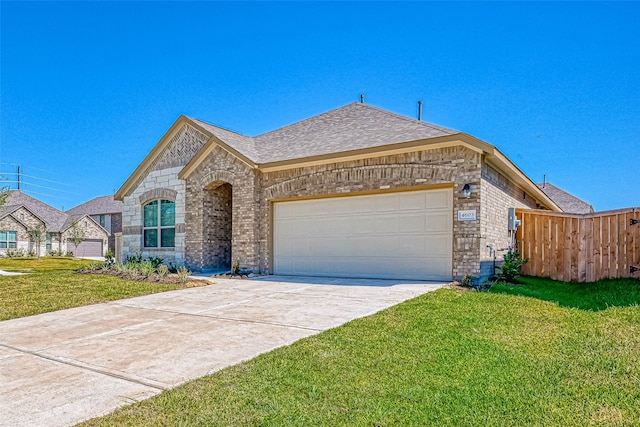 view of front of home with a front yard and a garage